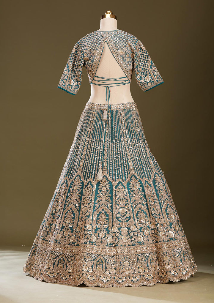 Peacock Blue Sequins Net Readymade Lehenga