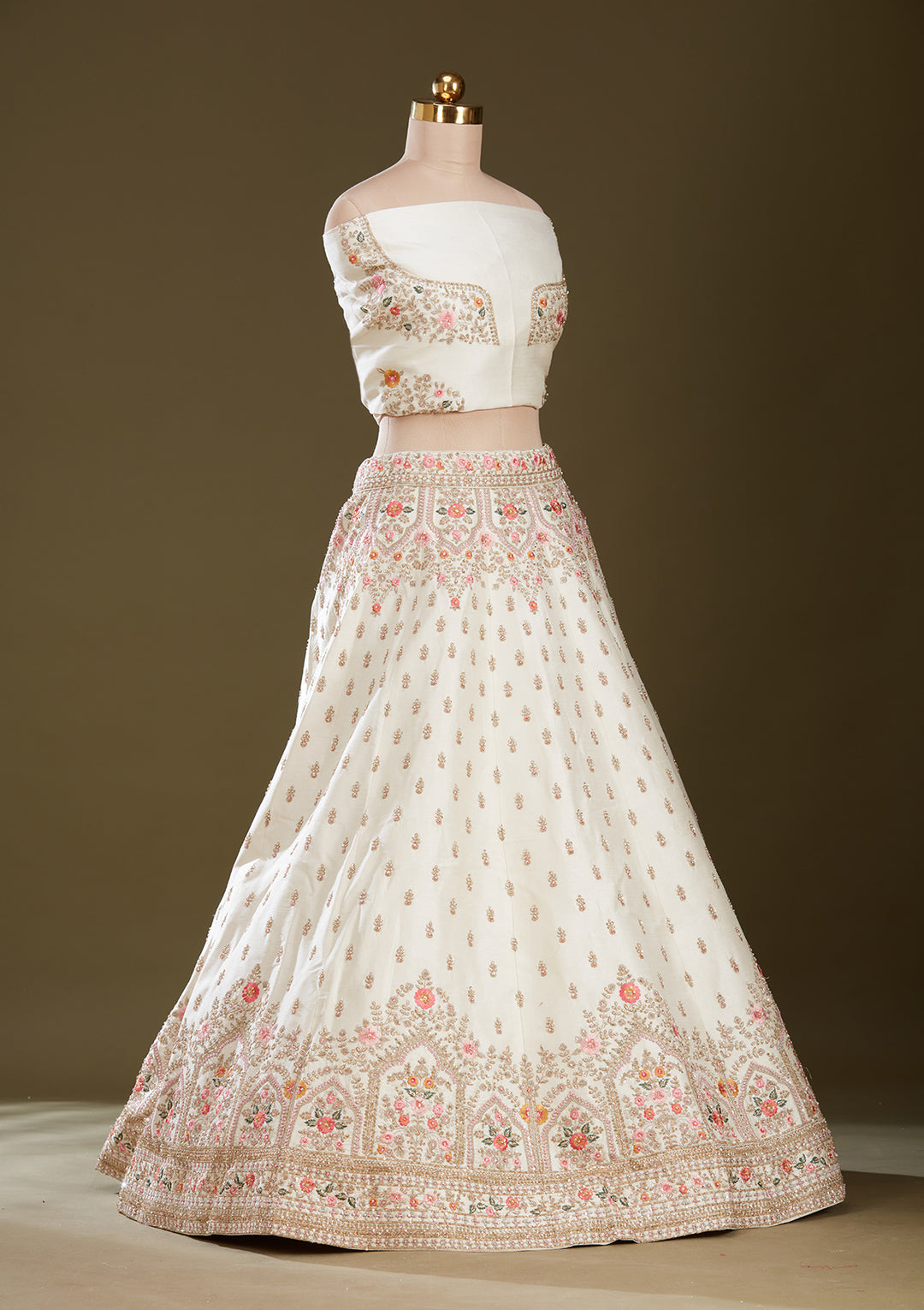 Cream Zardozi (Gold) Raw Silk Readymade Lehenga