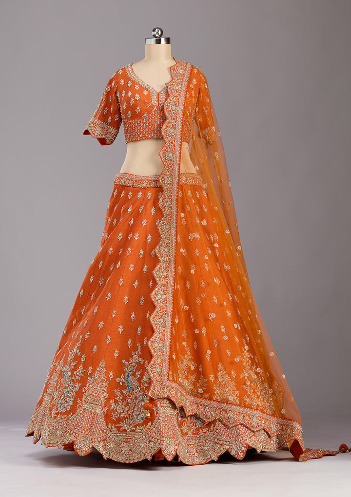Rust Zardozi (Gold) Raw Silk Readymade Lehenga