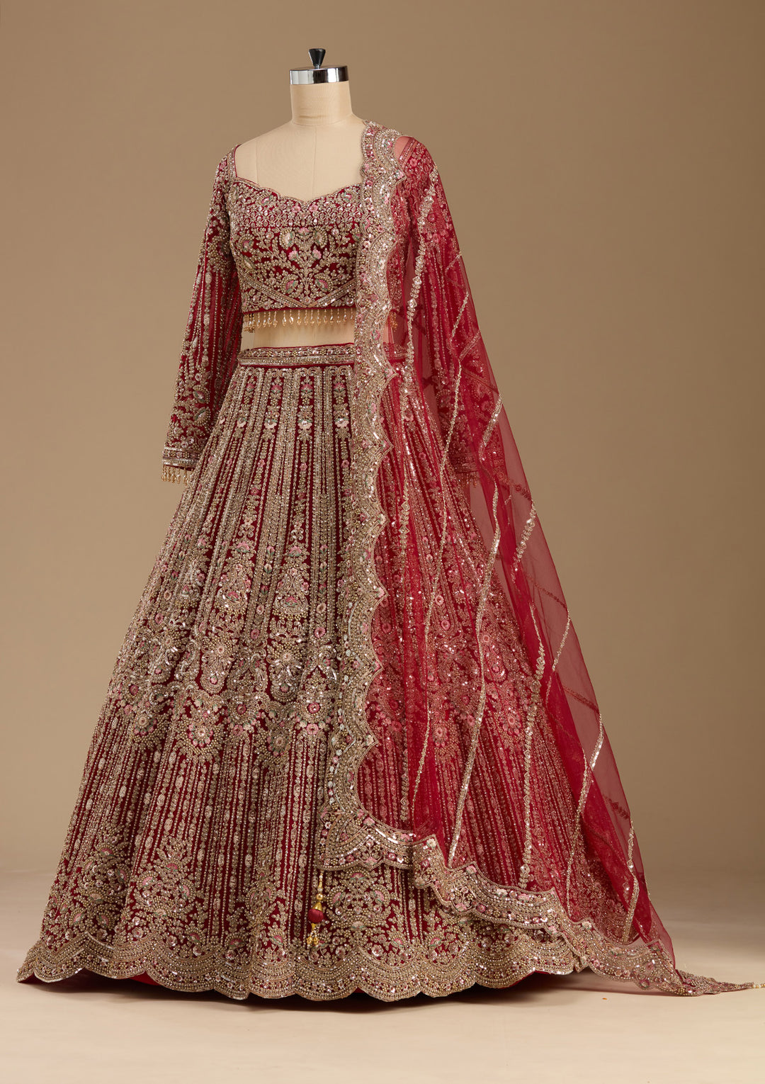 Maroon Sequins Net Readymade Lehenga