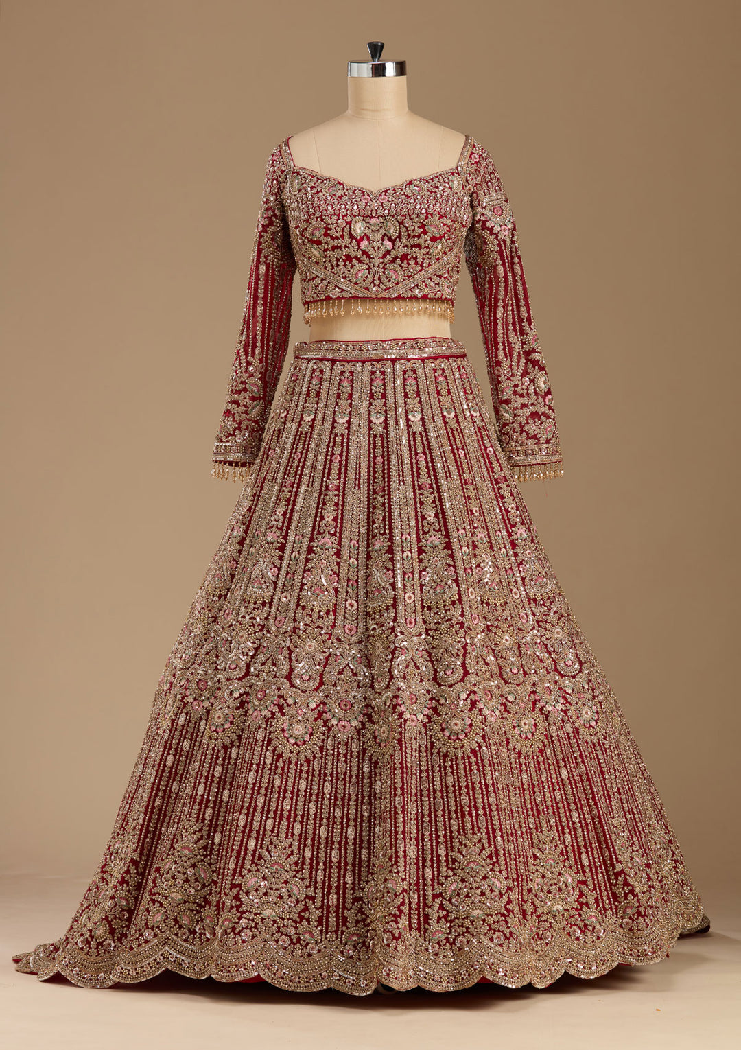 Maroon Sequins Net Readymade Lehenga