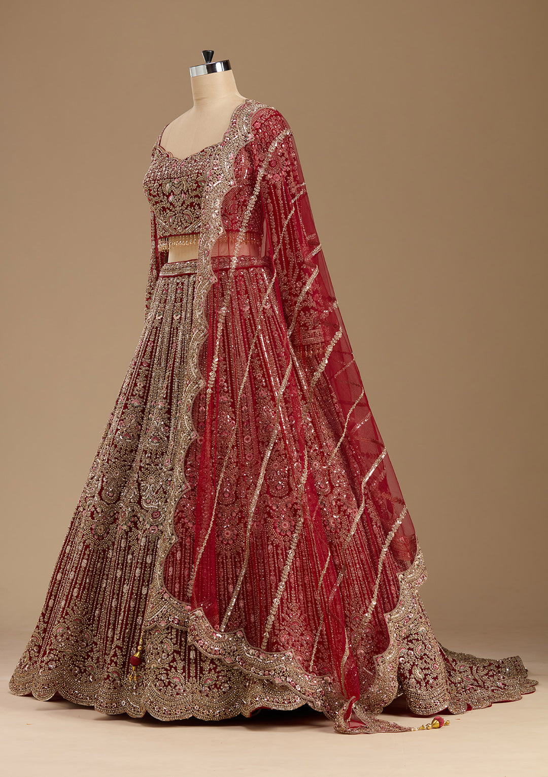 Maroon Sequins Net Readymade Lehenga