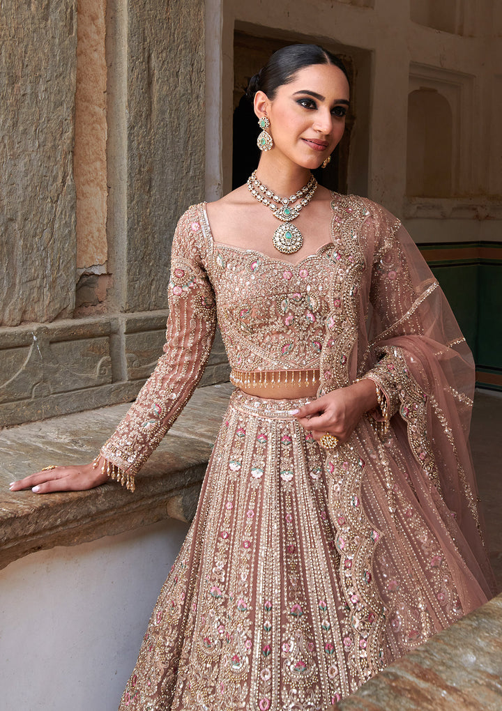 Peach Sequins Net Readymade Lehenga