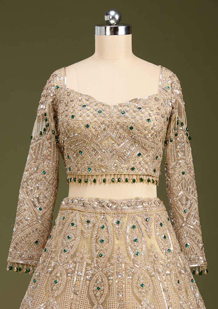 Beige Sequins Net Readymade Lehenga