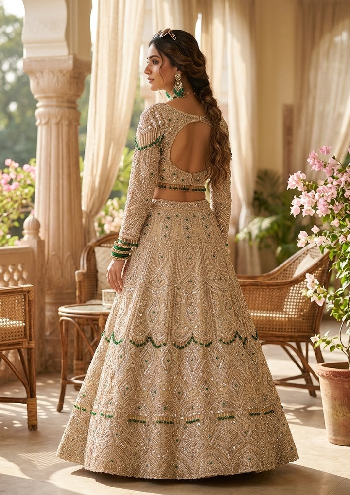 Beige Sequins Net Readymade Lehenga