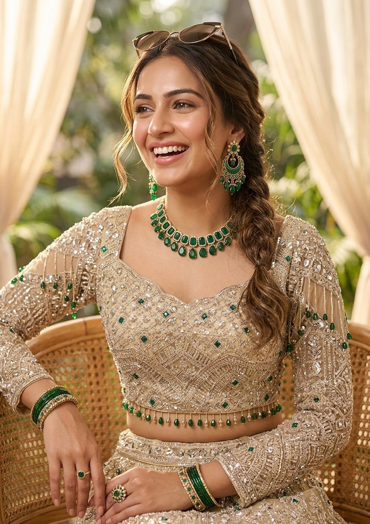 Beige Sequins Net Readymade Lehenga