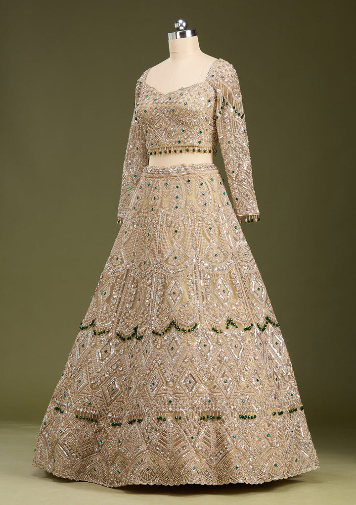 Beige Sequins Net Readymade Lehenga