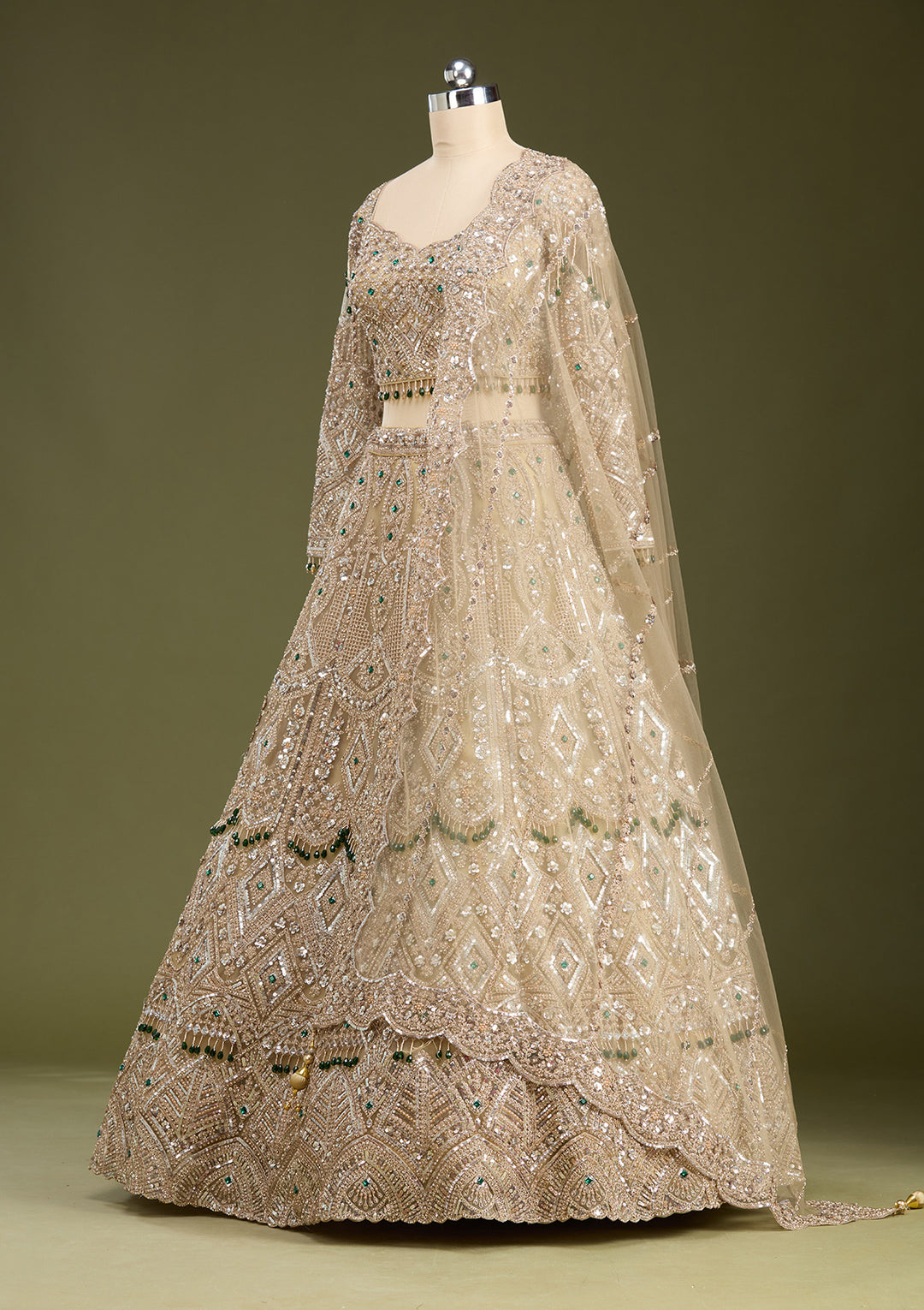 Beige Sequins Net Readymade Lehenga