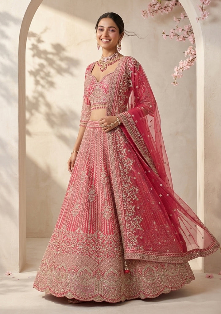 Rani Pink Stonework (Gold) Raw Silk Readymade Lehenga