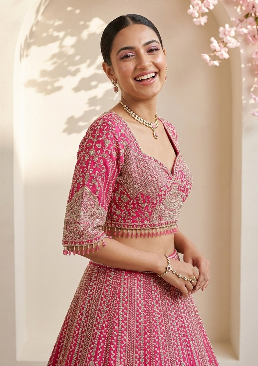 Rani Pink Stonework (Gold) Raw Silk Readymade Lehenga
