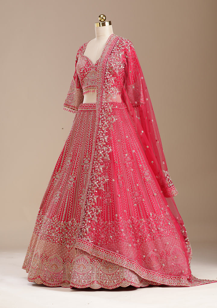 Rani Pink Stonework (Gold) Raw Silk Readymade Lehenga