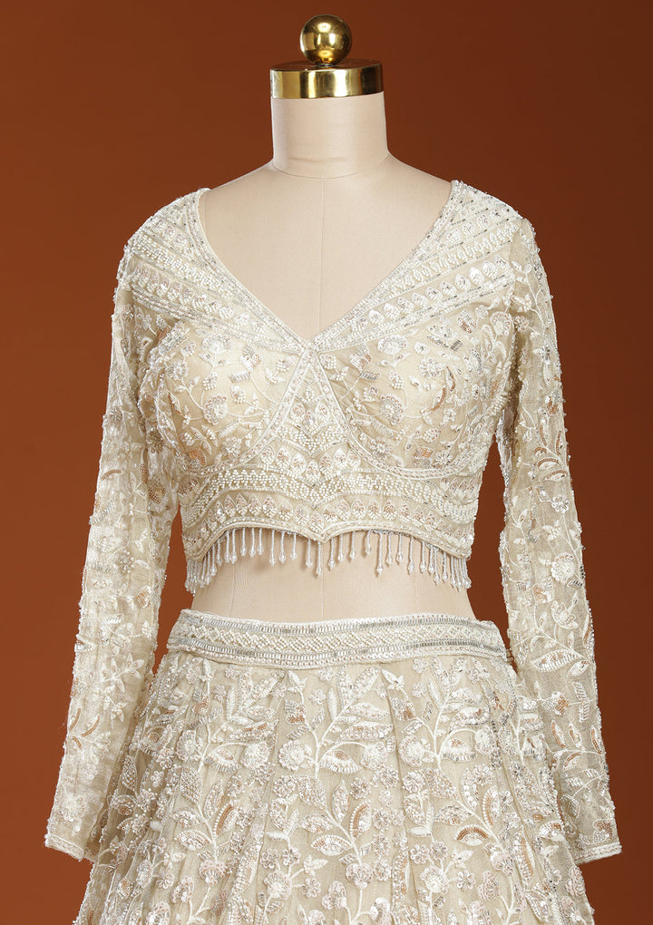 Beige Threadwork Organza Readymade Lehenga