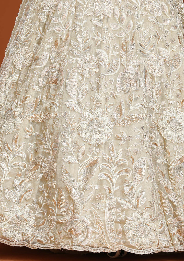 Beige Threadwork Organza Readymade Lehenga