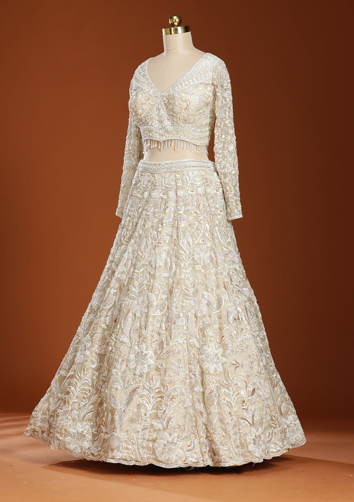 Beige Threadwork Organza Readymade Lehenga