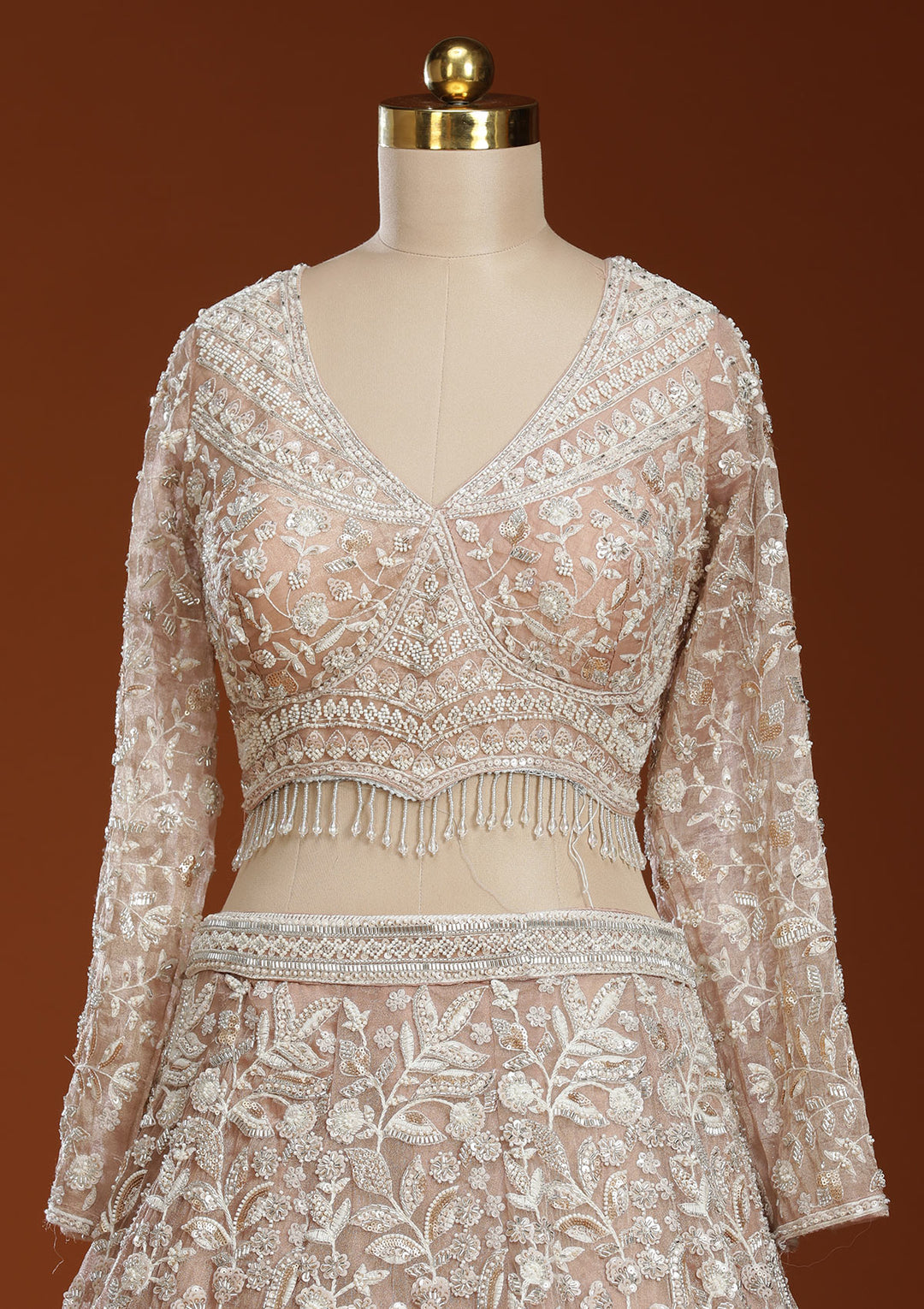 Pink Threadwork Organza Readymade Lehenga