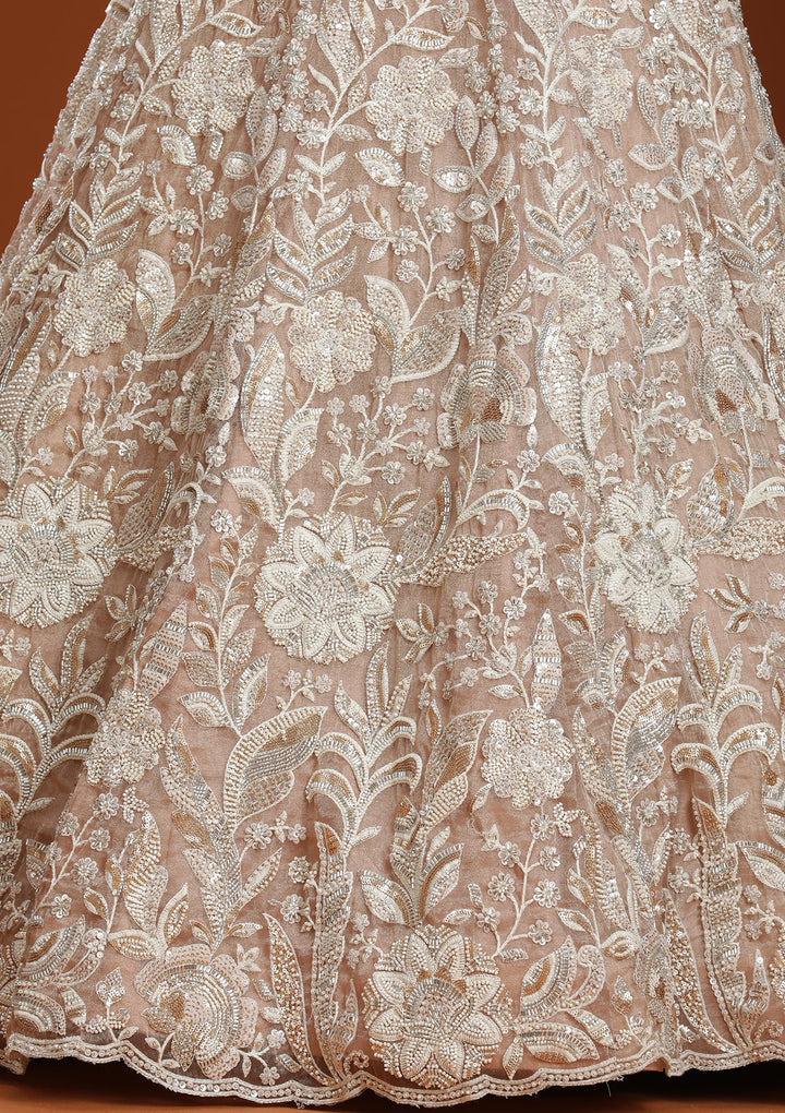 Pink Threadwork Organza Readymade Lehenga