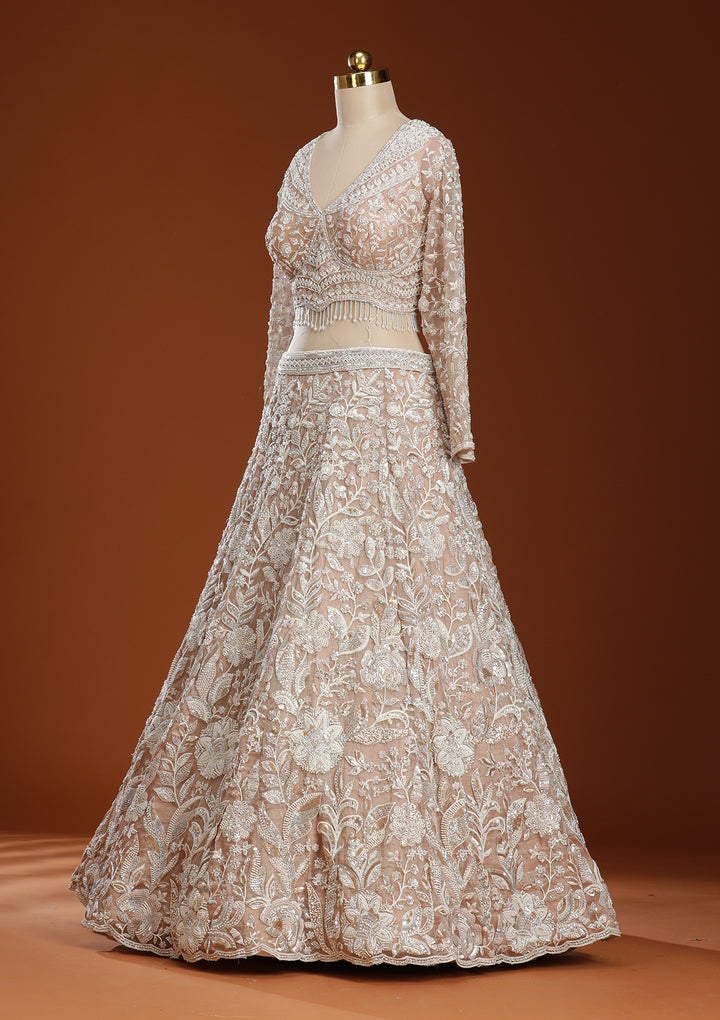 Pink Threadwork Organza Readymade Lehenga