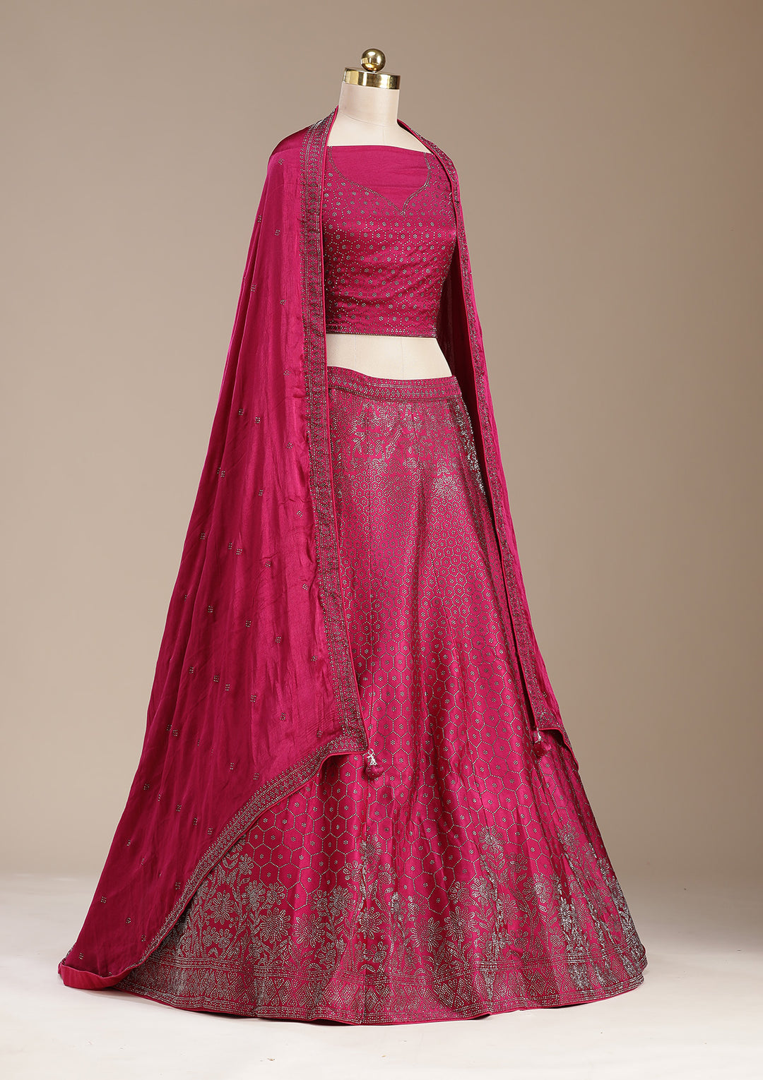 Rani Pink Sequins Semi Crepe Semi-Stitched Lehenga