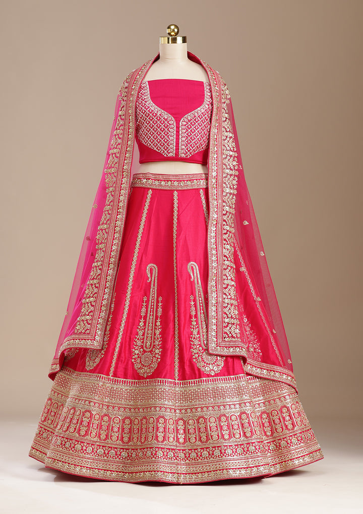 Rani Pink Cording Raw Silk Semi-Stitched Lehenga