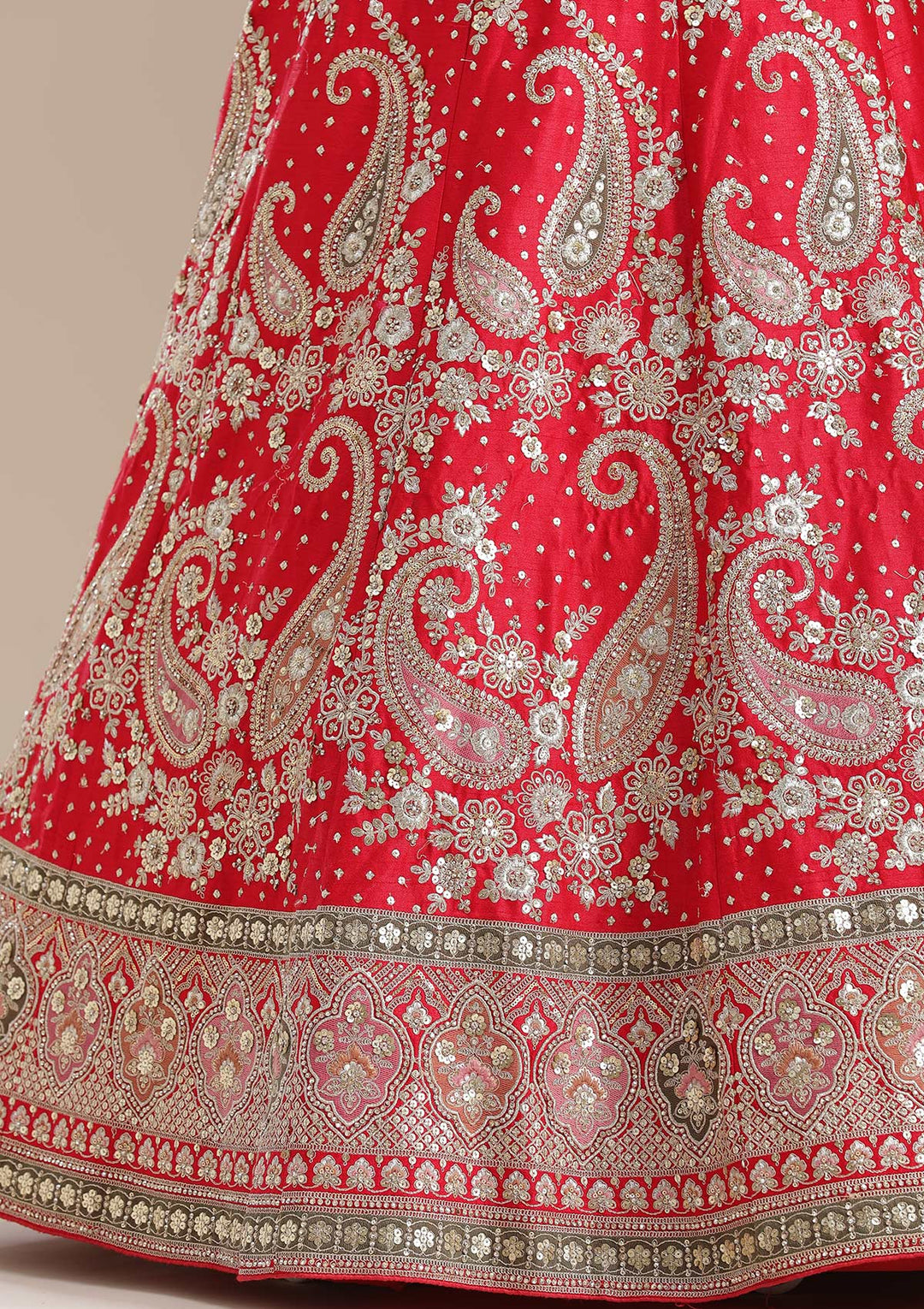 Red Cording Raw Silk Semi-Stitched Lehenga