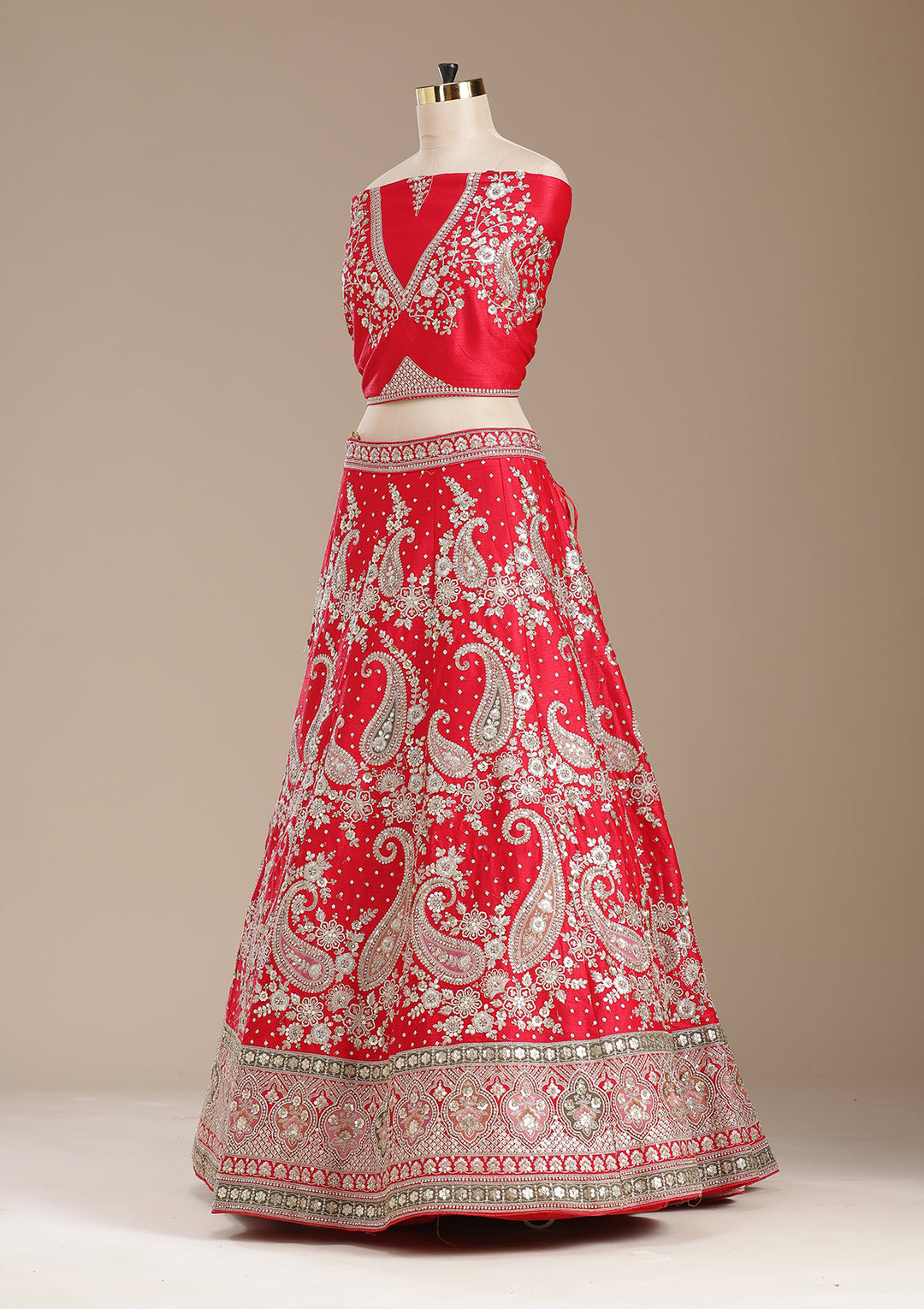 Red Cording Raw Silk Semi-Stitched Lehenga