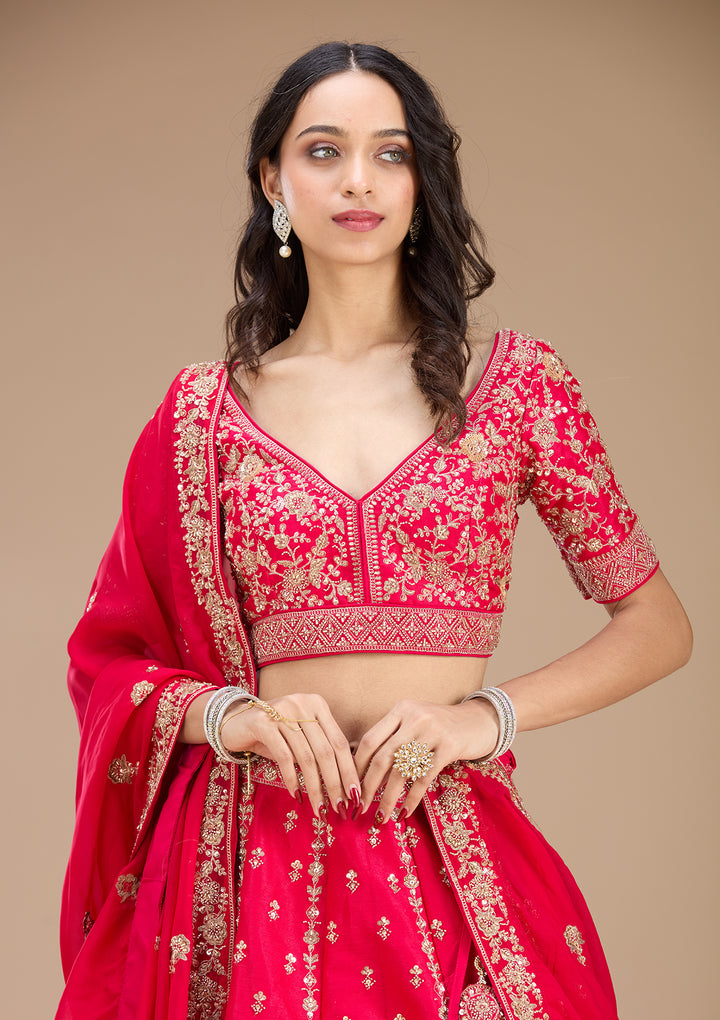 Rani Pink Zariwork Raw Silk Readymade Lehenga
