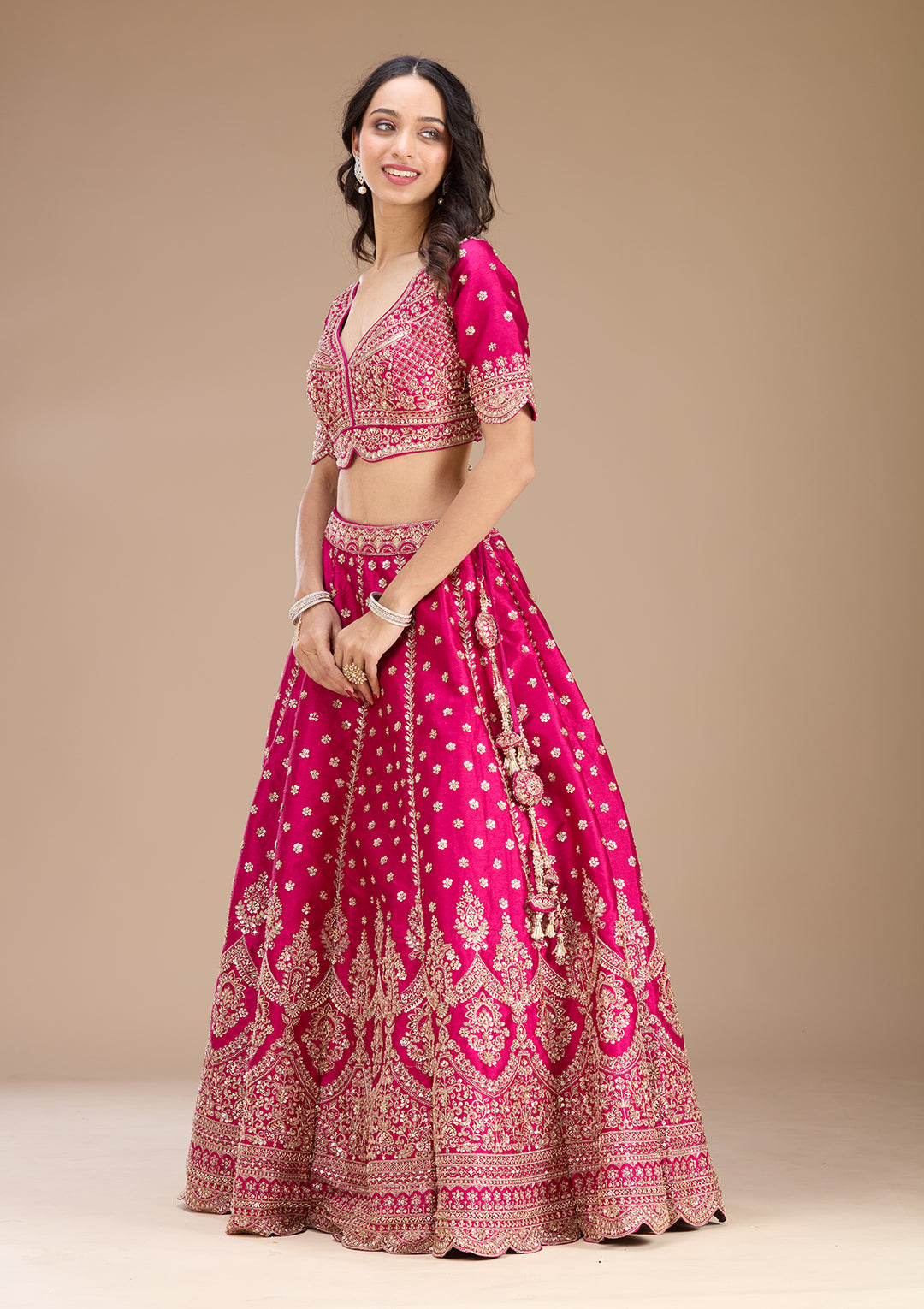 Magenta Pink Zariwork (Gold) Raw Silk Readymade Lehenga