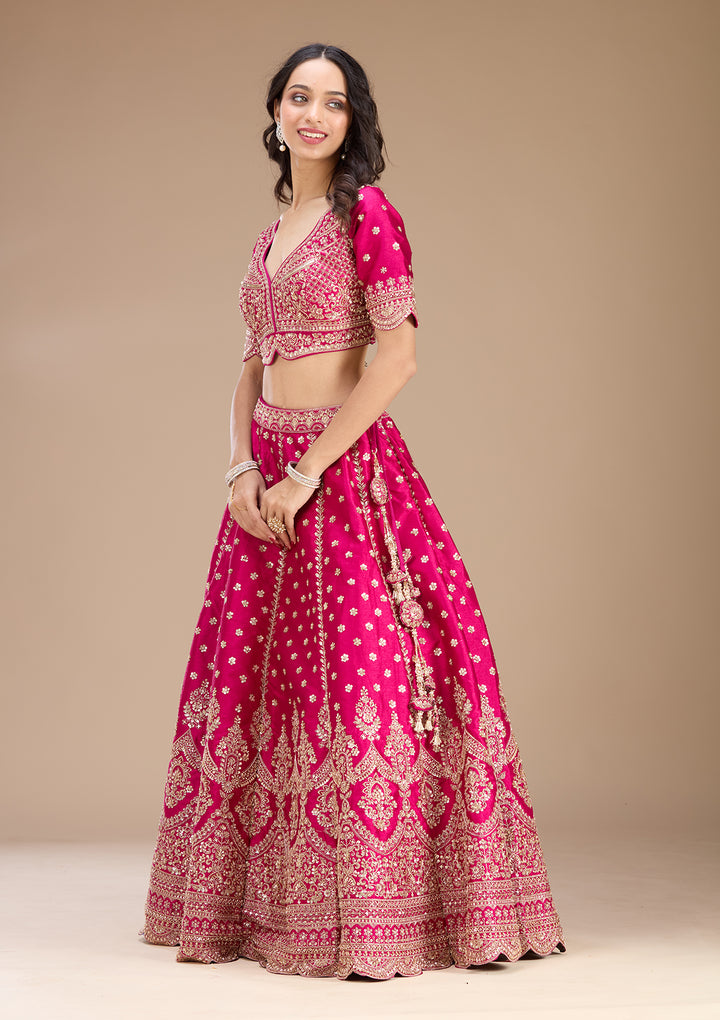 Magenta Pink Zariwork (Gold) Raw Silk Readymade Lehenga