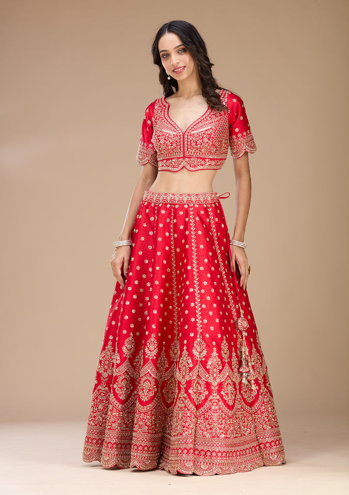 Red Zariwork Raw Silk Readymade Lehenga