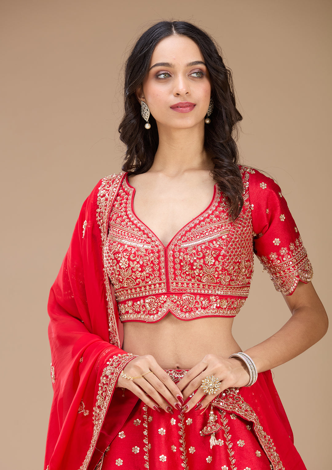 Red Zariwork Raw Silk Readymade Lehenga