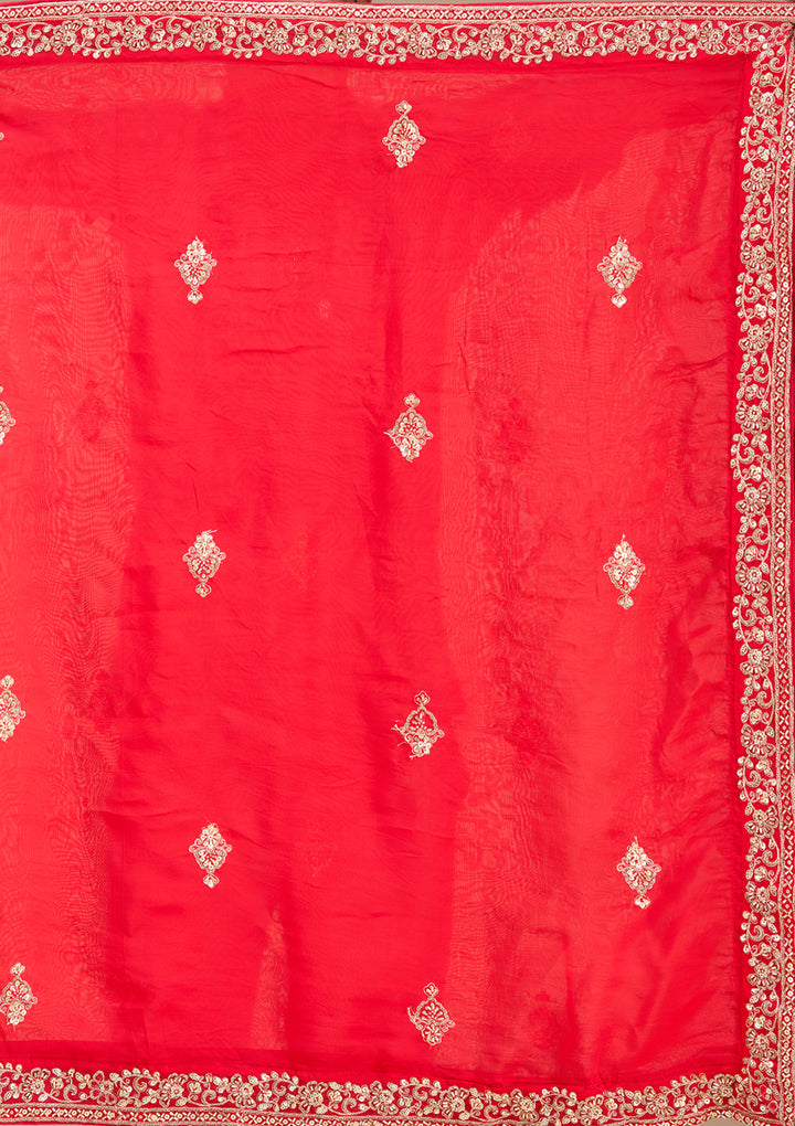 Red Zariwork Raw Silk Readymade Lehenga