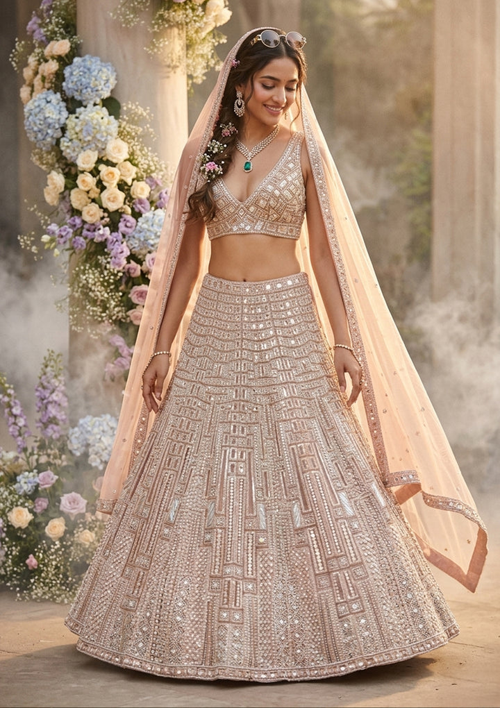 Beige Sequins Net Readymade Lehenga