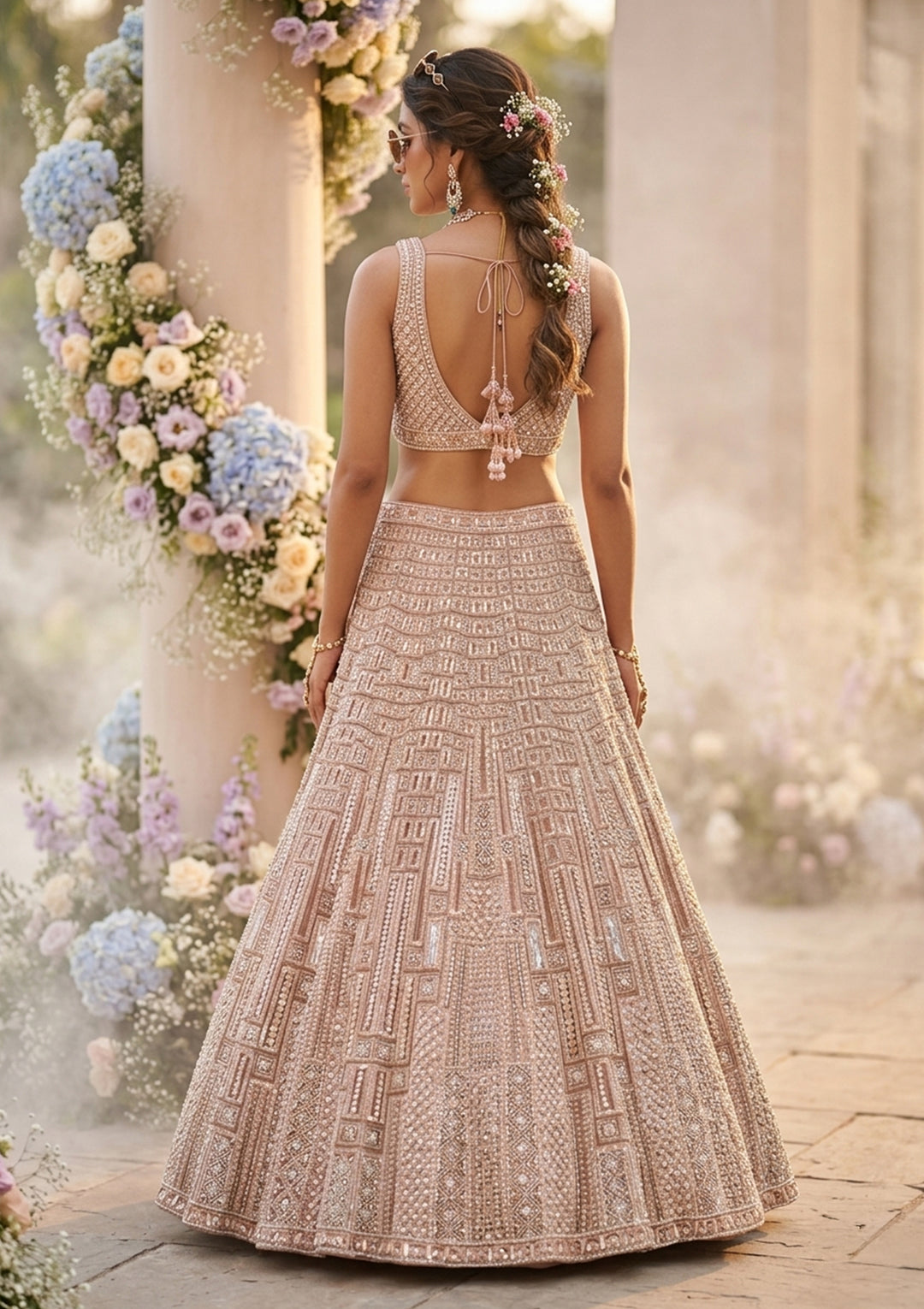 Beige Sequins Net Readymade Lehenga
