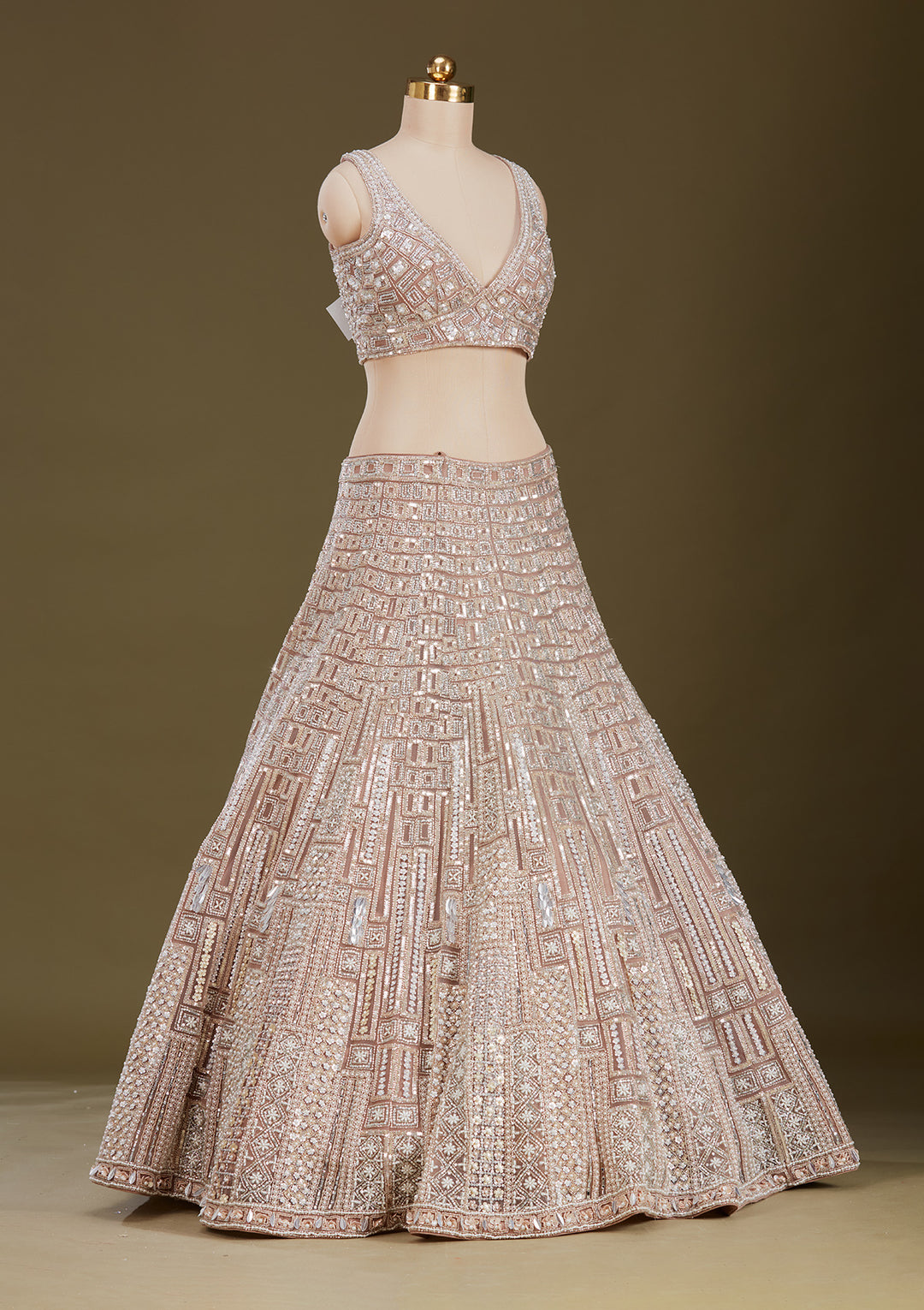 Beige Sequins Net Readymade Lehenga