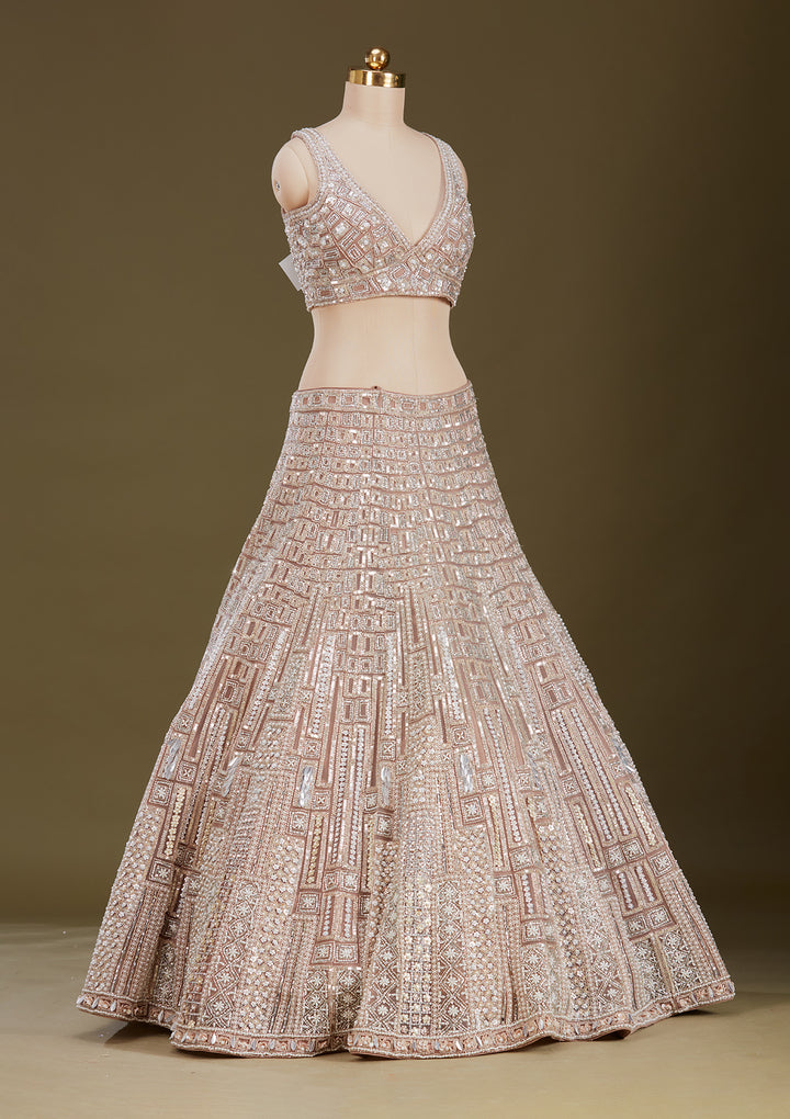 Beige Sequins Net Readymade Lehenga