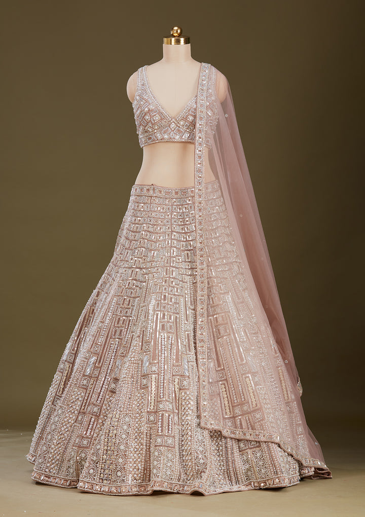 Beige Sequins Net Readymade Lehenga