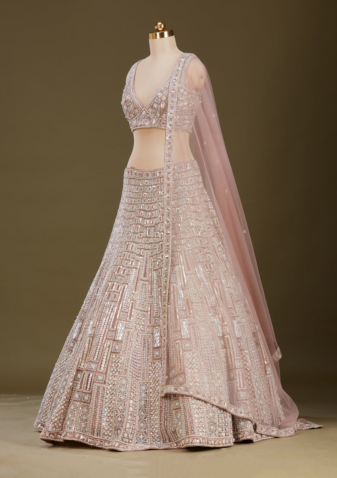 Beige Sequins Net Readymade Lehenga