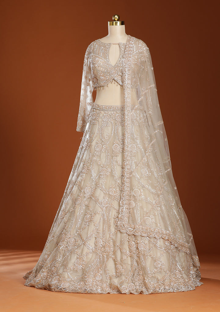 Beige Cutdana Net Readymade Lehenga