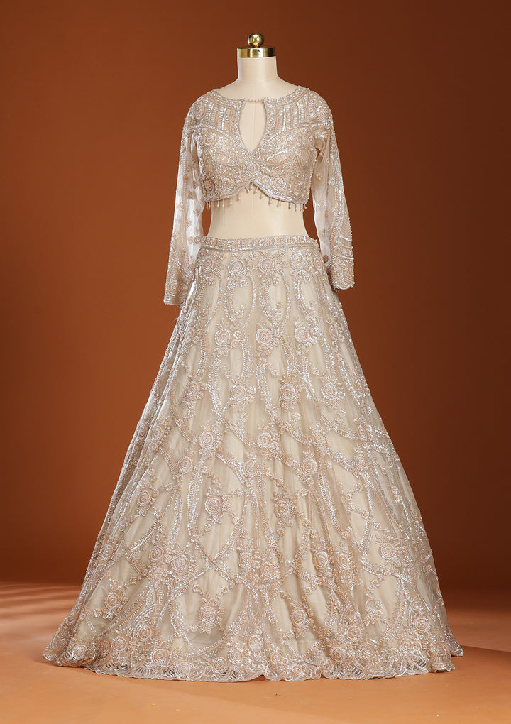 Beige Cutdana Net Readymade Lehenga