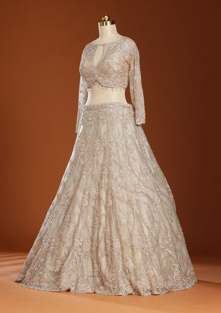 Beige Cutdana Net Readymade Lehenga