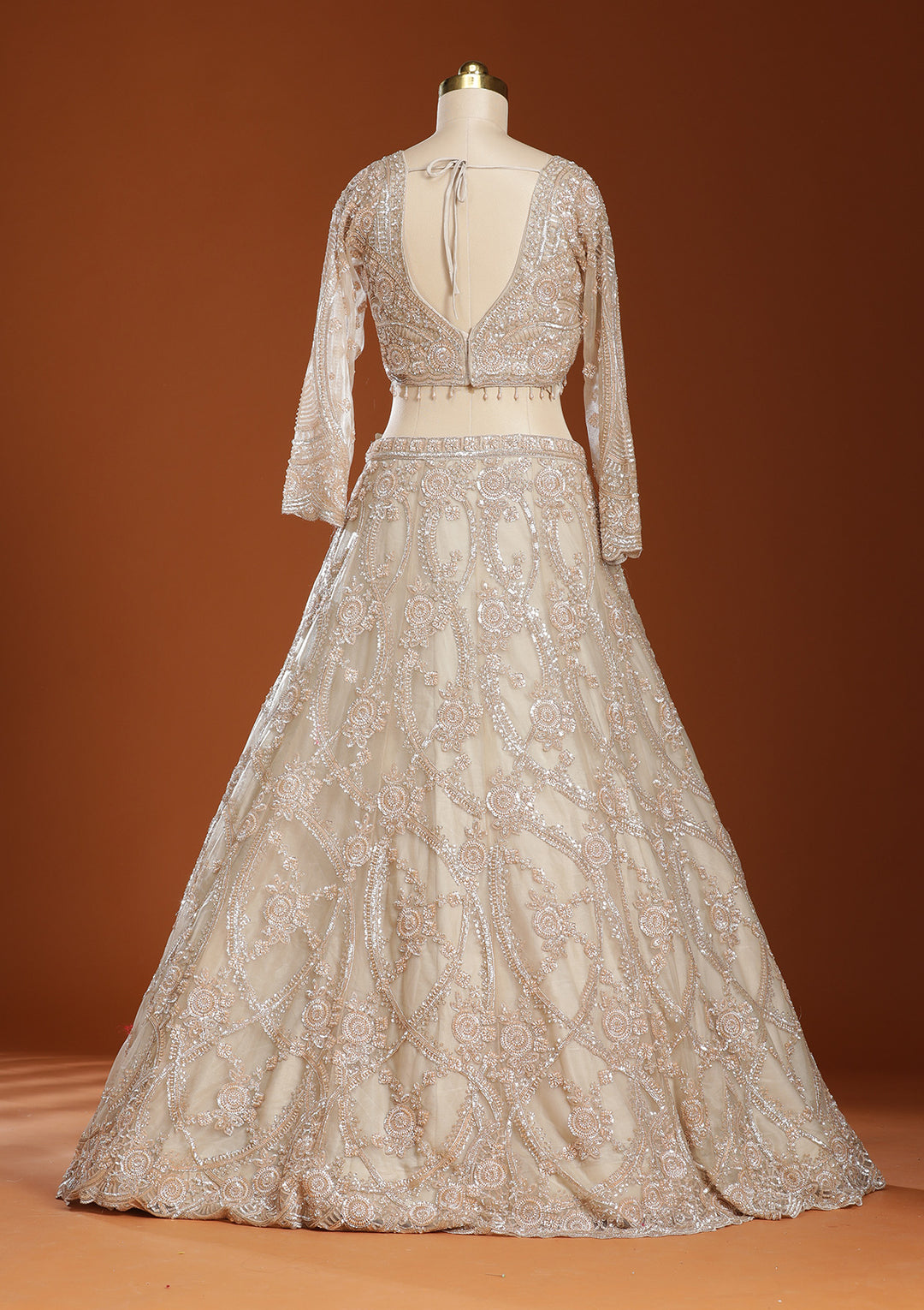 Beige Cutdana Net Readymade Lehenga