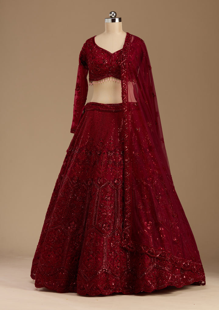 Maroon Cutdana Net Readymade Lehenga