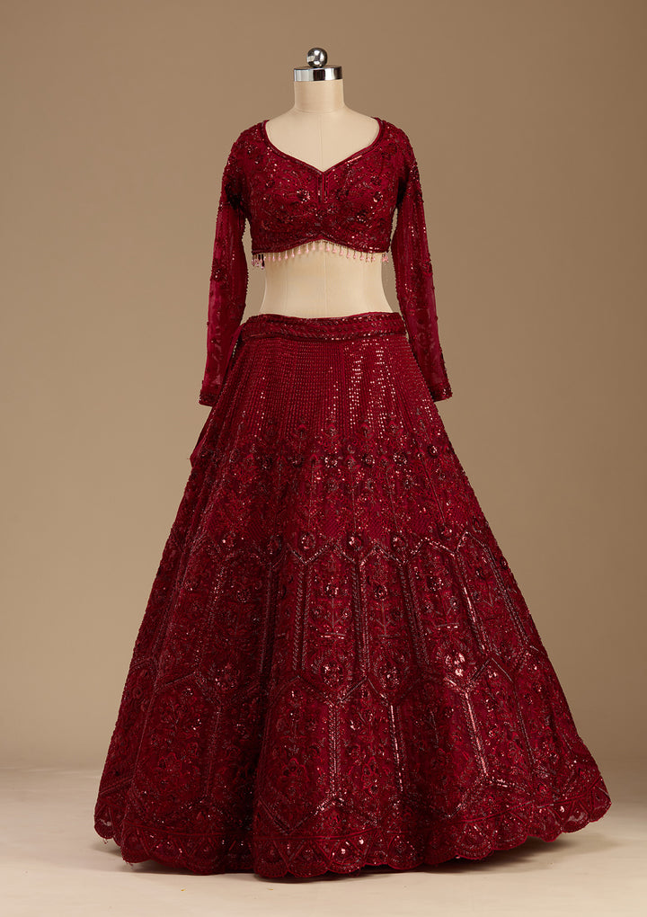 Maroon Cutdana Net Readymade Lehenga