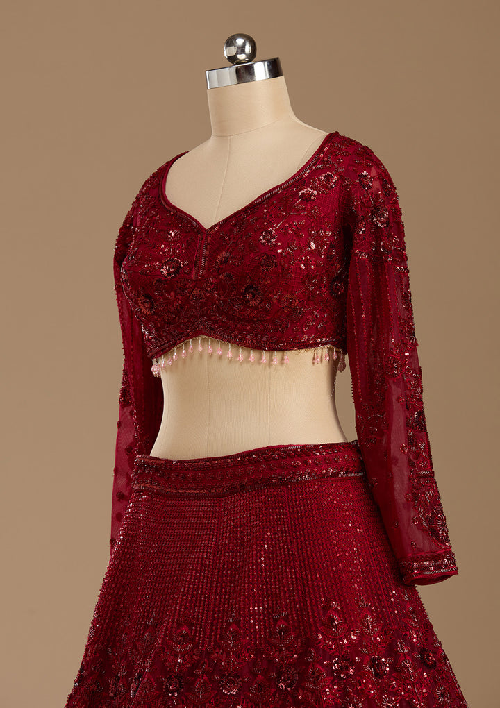 Maroon Cutdana Net Readymade Lehenga