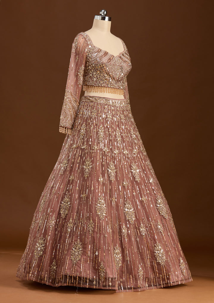Sequins Brown Net Stitched Lehenga Blouse With Dupatta