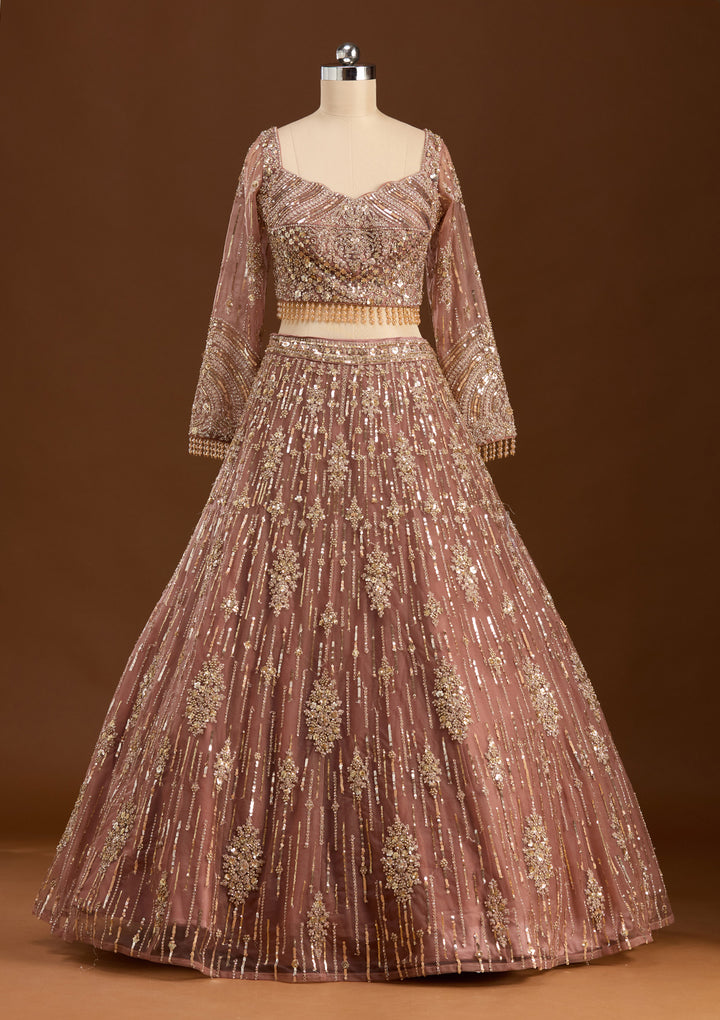 Sequins Brown Net Stitched Lehenga Blouse With Dupatta