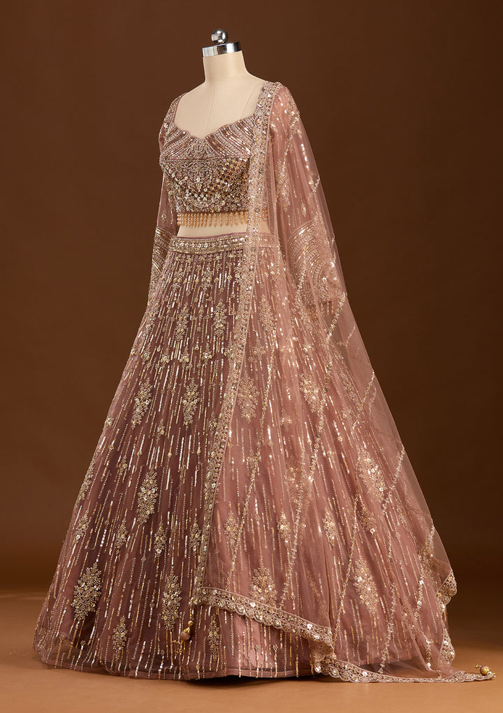 Sequins Brown Net Stitched Lehenga Blouse With Dupatta