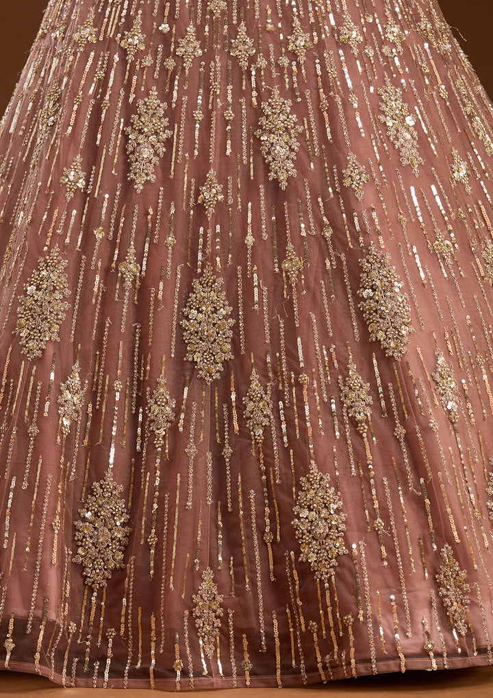 Sequins Brown Net Stitched Lehenga Blouse With Dupatta