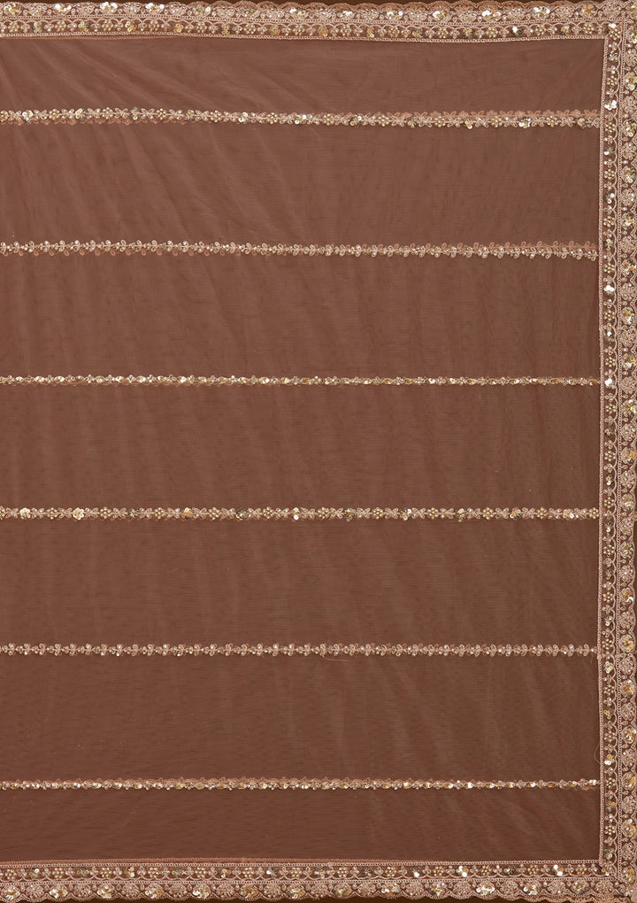 Sequins Brown Net Stitched Lehenga Blouse With Dupatta
