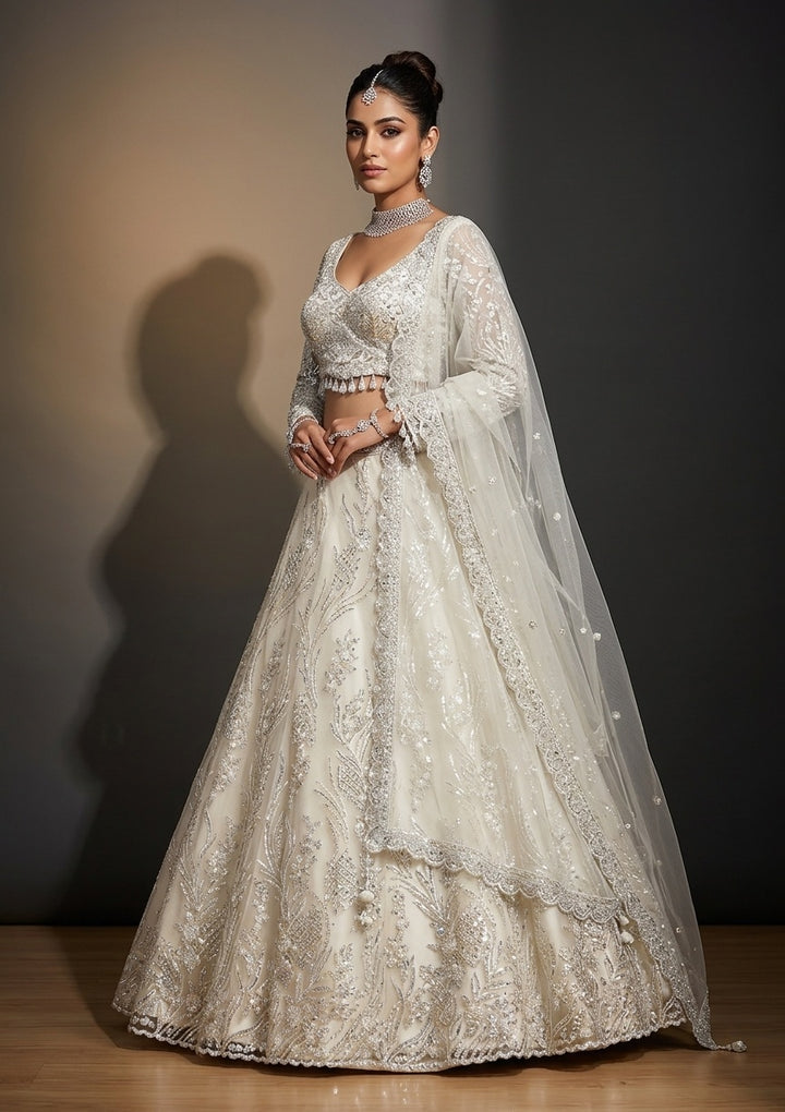Off White Sequins Net Readymade Lehenga
